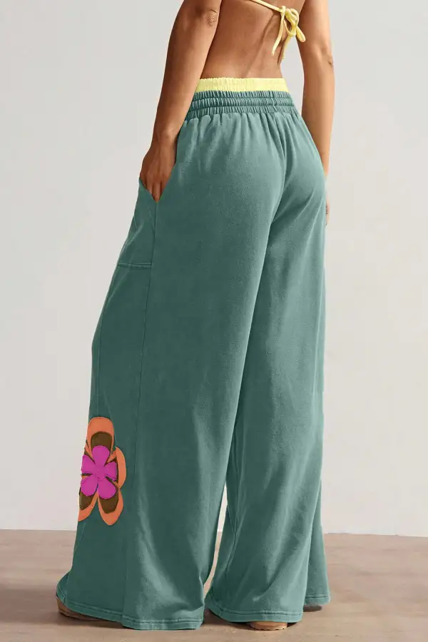 Panelled Flower Patchwork Drawstring Contrasted Elastic Waist Wide Leg Trousers