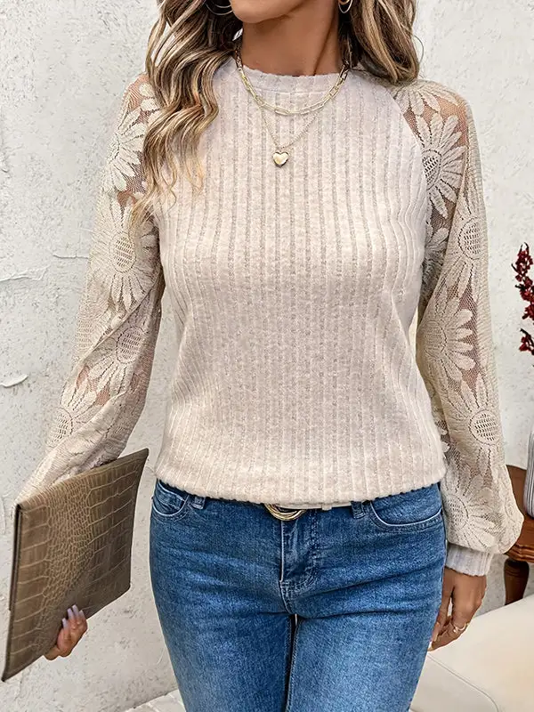 Long Sleeve Relaxed Sheer Panel Detail Round Neck T-Shirt