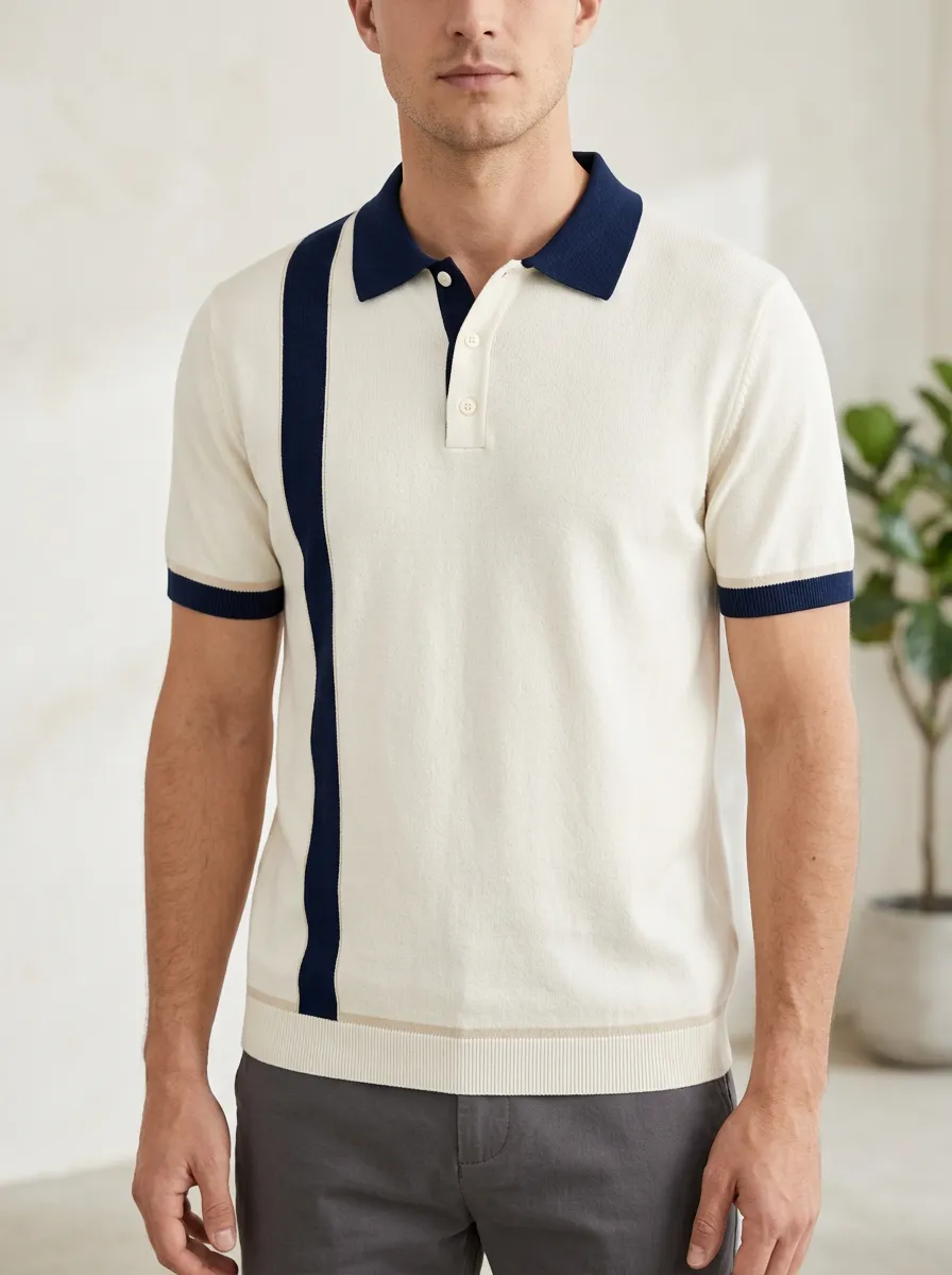 Men's Vintage Style Vertical Stripe Contrast Trim Polo Shirt
