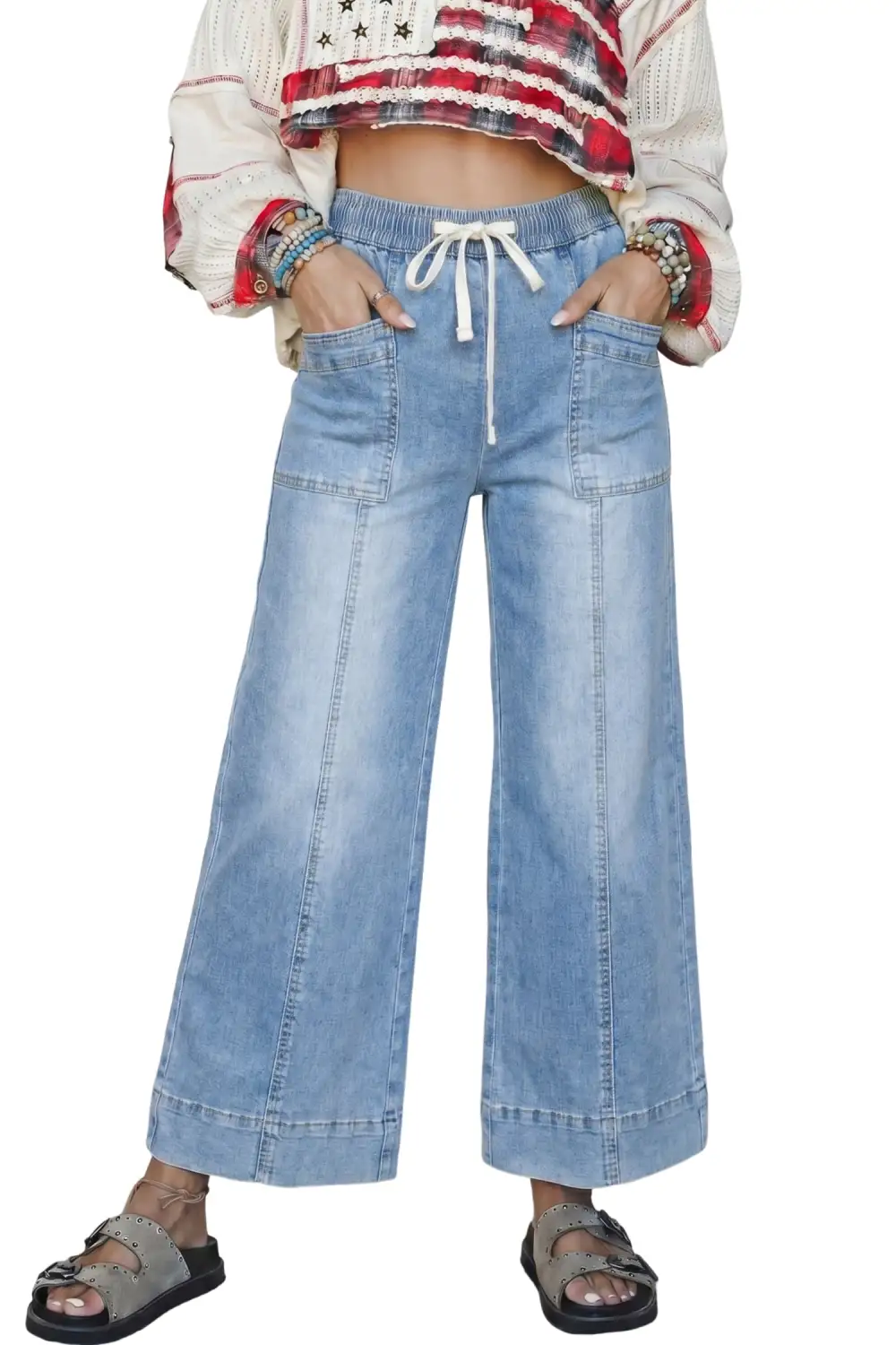 Drawstring Wide Leg Cropped Pocketed Casual Jeans