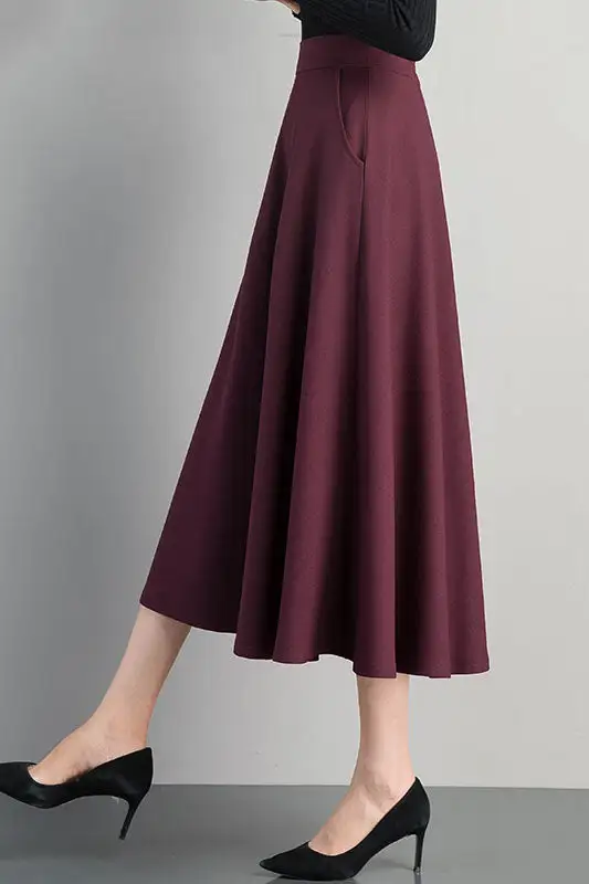 Classic Cotton Blend A Line High Waist Midi Skirt