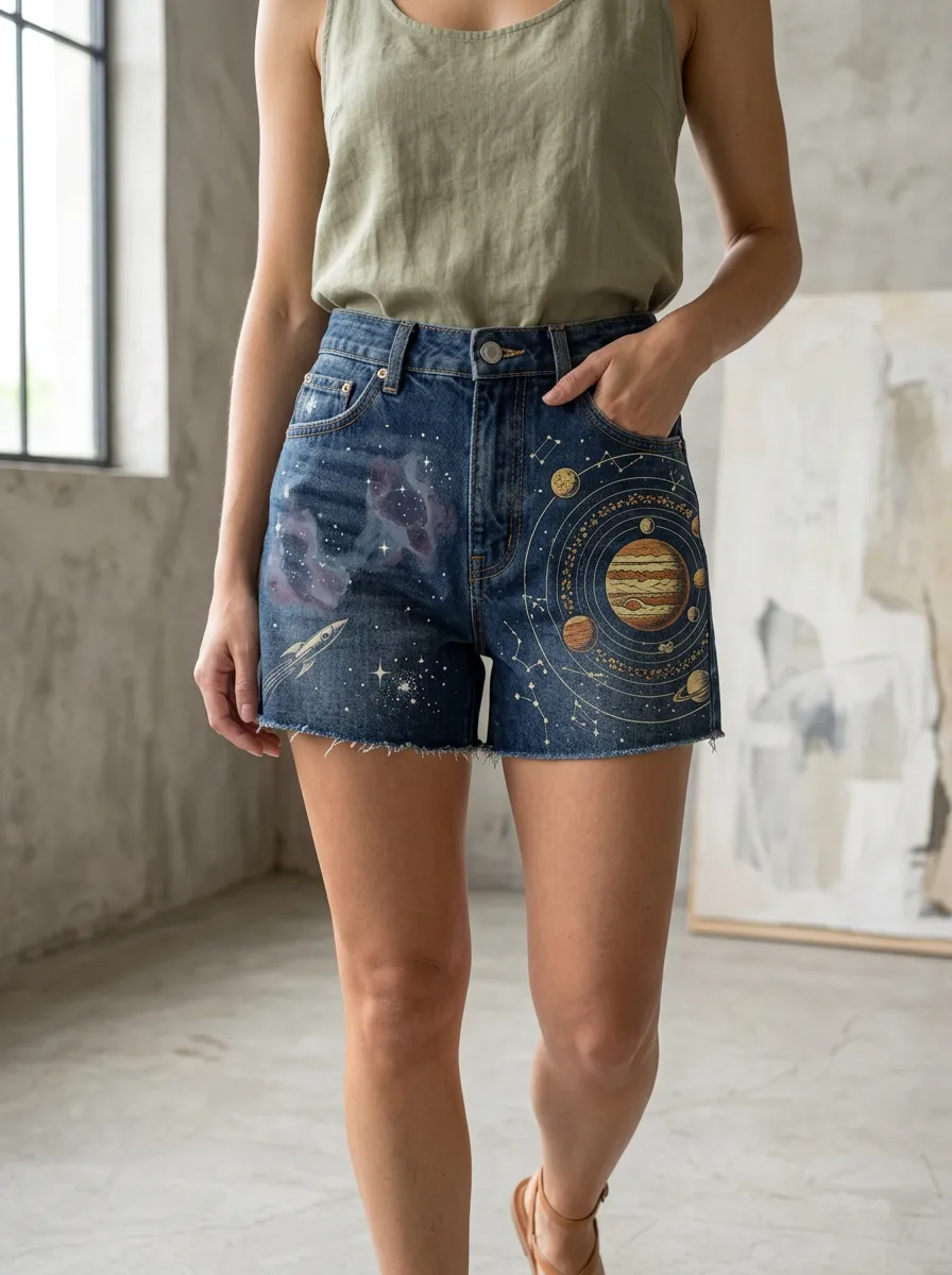 Women's Astronomy Lover Solar System Rocket Printed Denim Shorts