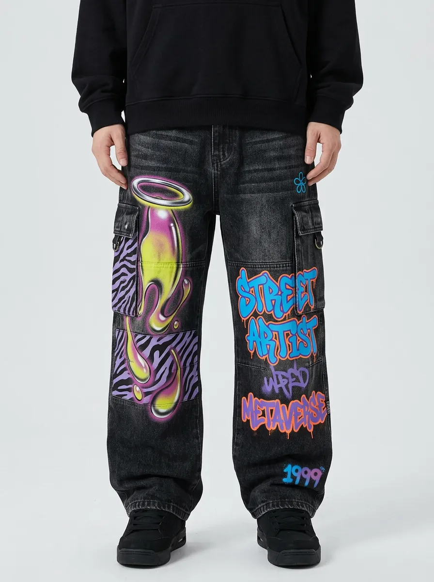 Men's Streetwear Graffiti Zebra Print Urban Art Cargo Jeans