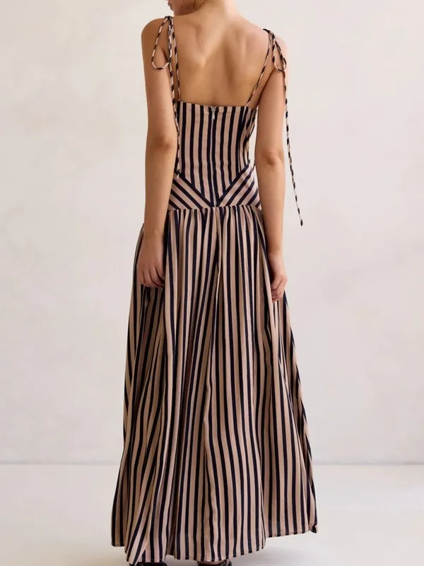 Striped V-Neck Tie-Shoulder Maxi Dress