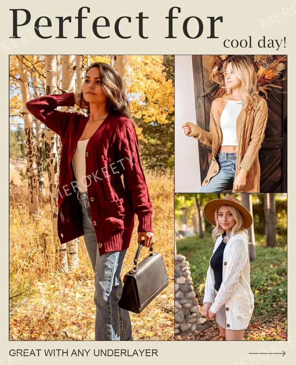MEROKEETY Women's 2024 Fall Long Sleeve Cable Knit Sweater Open Front Cardigan Button Loose Outerwear