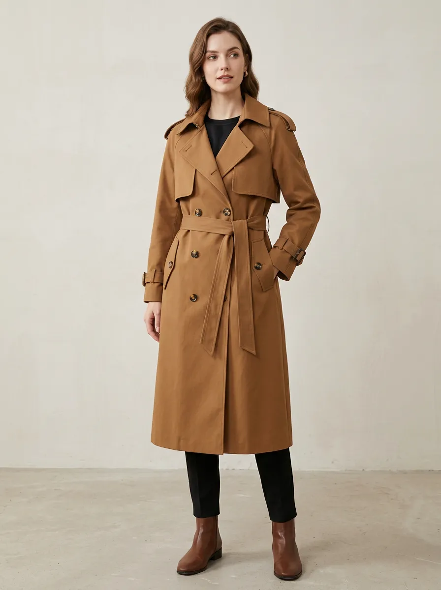 Women's Refined Double-Breasted Belted Classic Long Trench Coat