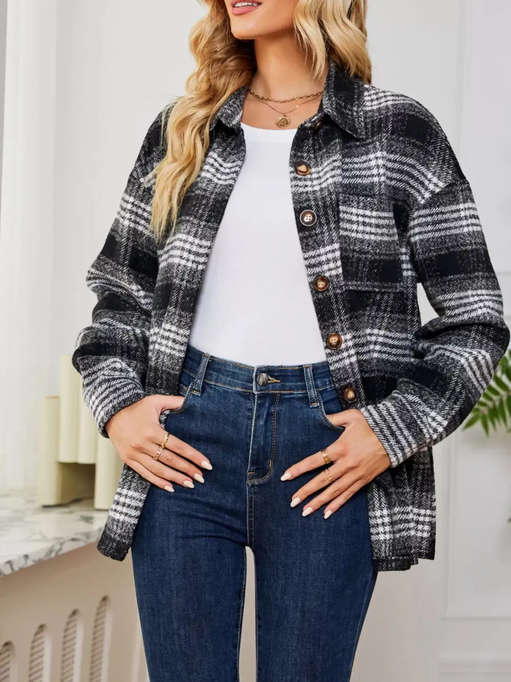 Plaid Button Front Shacket Jacket