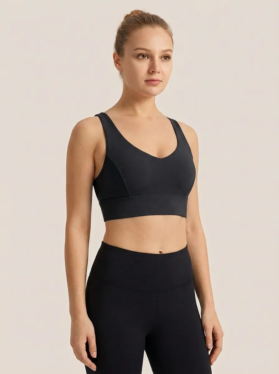Women's V-Neck Paneled Wide-Strap Flat-Band Sports Bra