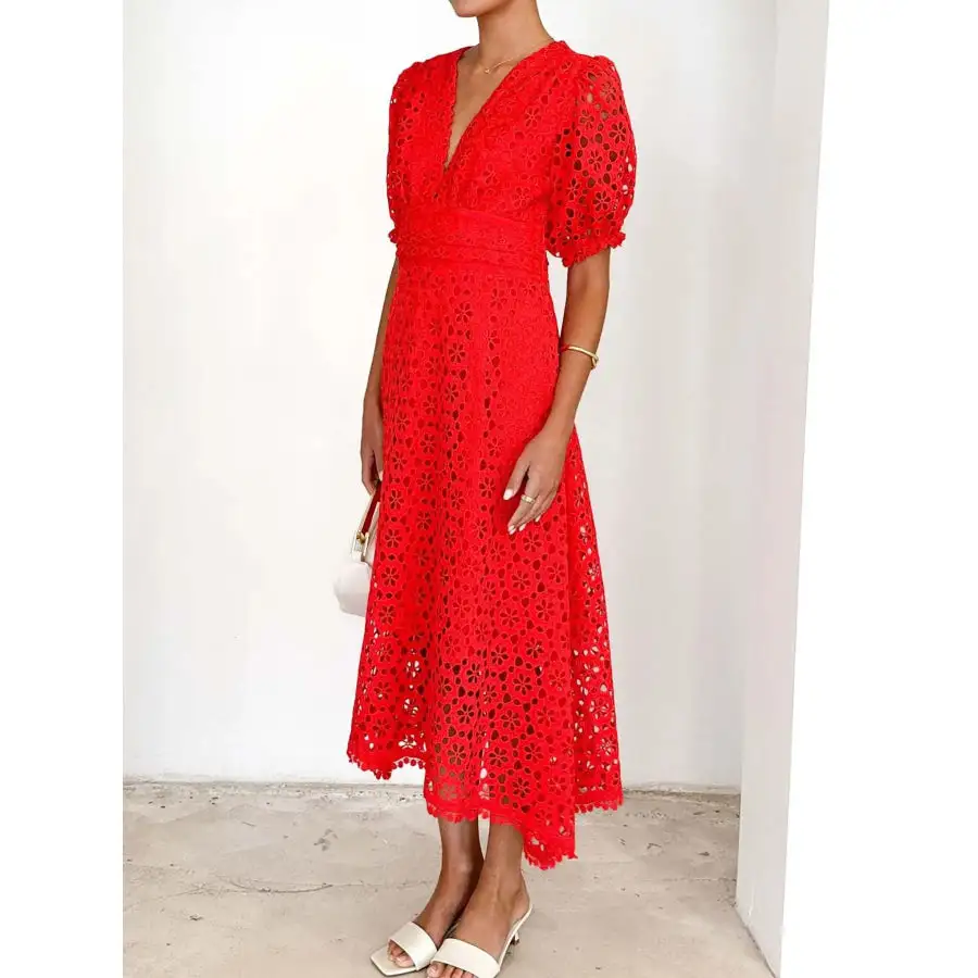 Eyelet Lace V-Neck Midi Dress with Puff Sleeves