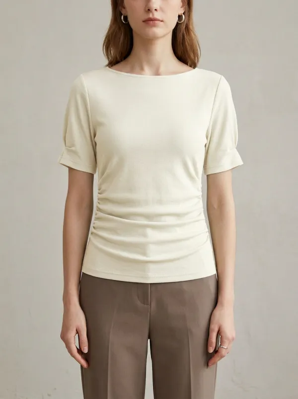 Side-Ruched Ruched Puff-Sleeve Fitted Top