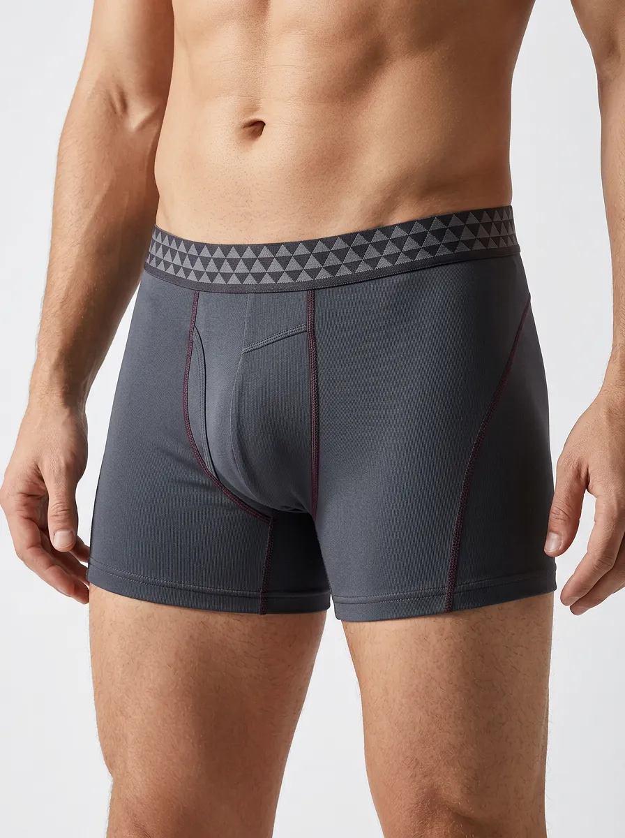 Flexible Contrast-Stitch Geometric Waistband-Detail Casual Look Men's Boxer Briefs