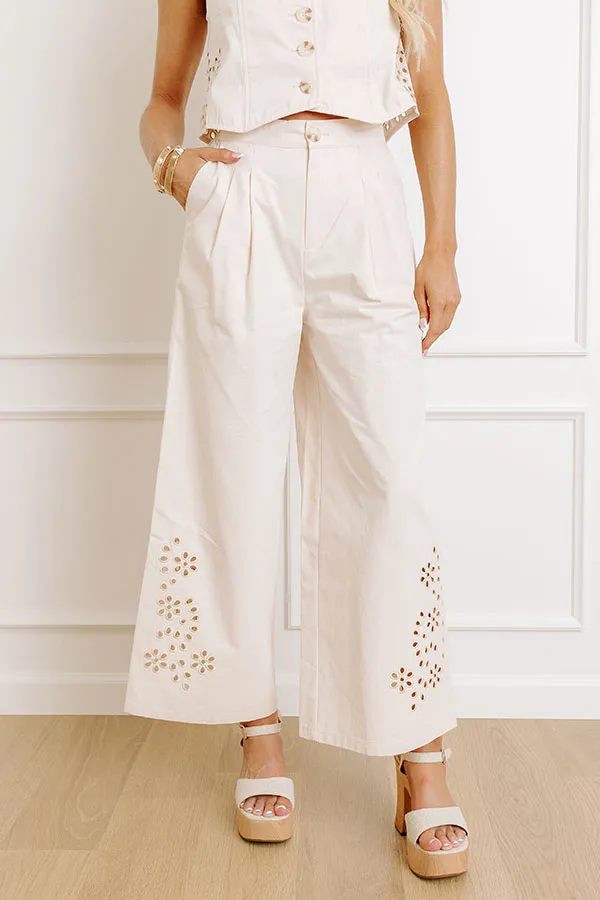 High Waist Wide Leg Eyelet Embroidered Pleated Pants