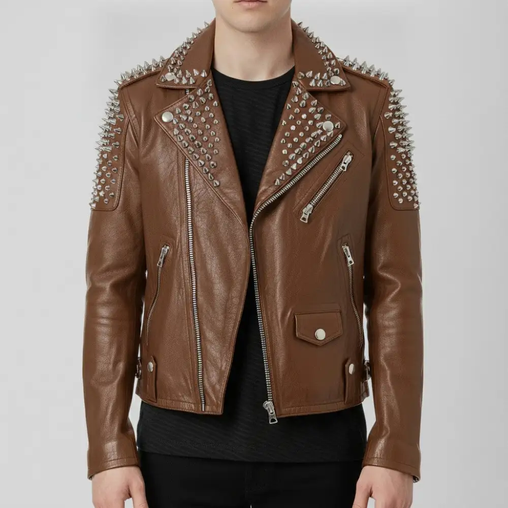 Classic Cowhide Biker Motorcycle Studded Jacket