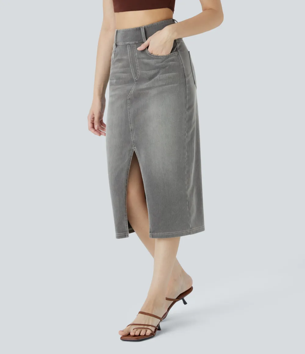 Magic High Waisted Multiple Pockets Bodycon Split Washed Stretchy Knit Denim Casual Midi Skirt