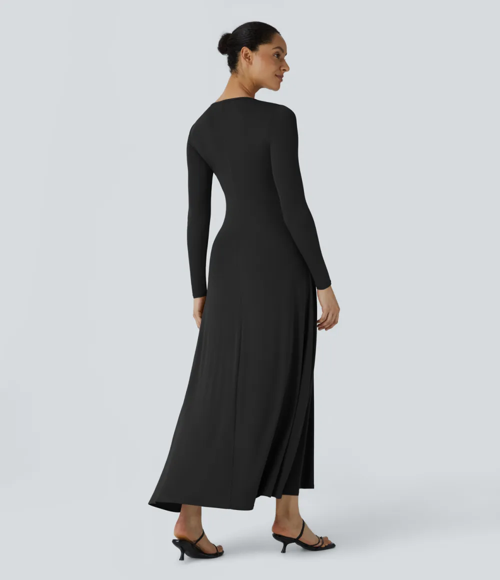 Ribbed Round Neck Long Sleeve Plicated Flare Flowy  Maxi Casual Dress