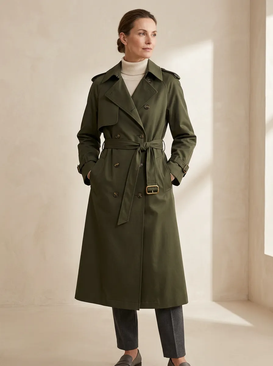 Women's Minimalist Double-Breasted Belted Long Trench Coat