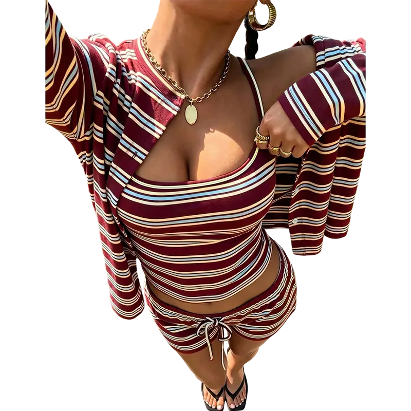 Striped Knit Women's Casual Striped Tank Top Jacket Shorts Set