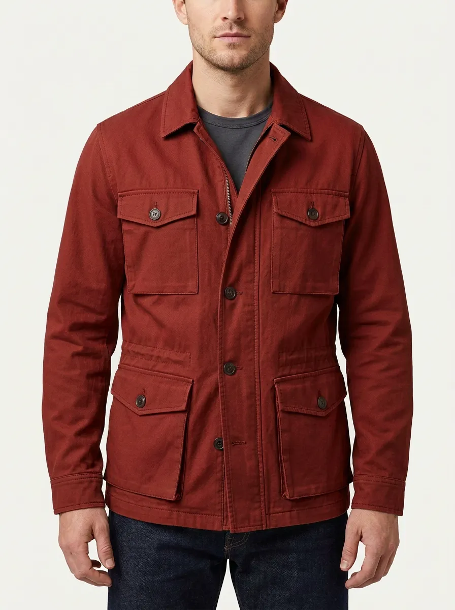 Men's Military Style Olive Green Multi-Pocket Field Jacket