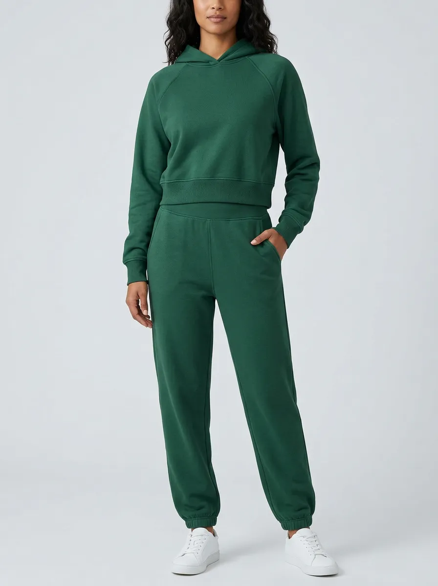 Women's Forest Green Raglan Cropped Hoodie and Jogger Set