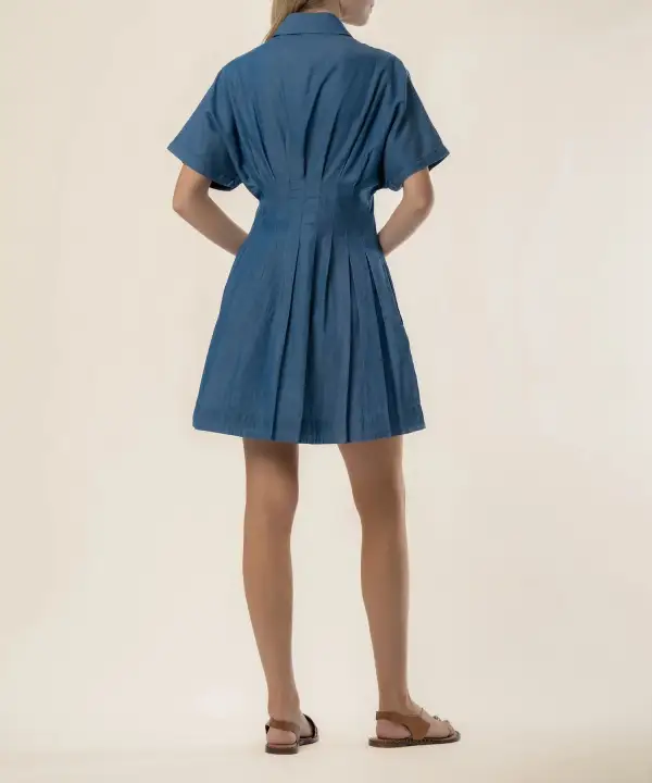 Pleated Denim Shirt Mini Dress