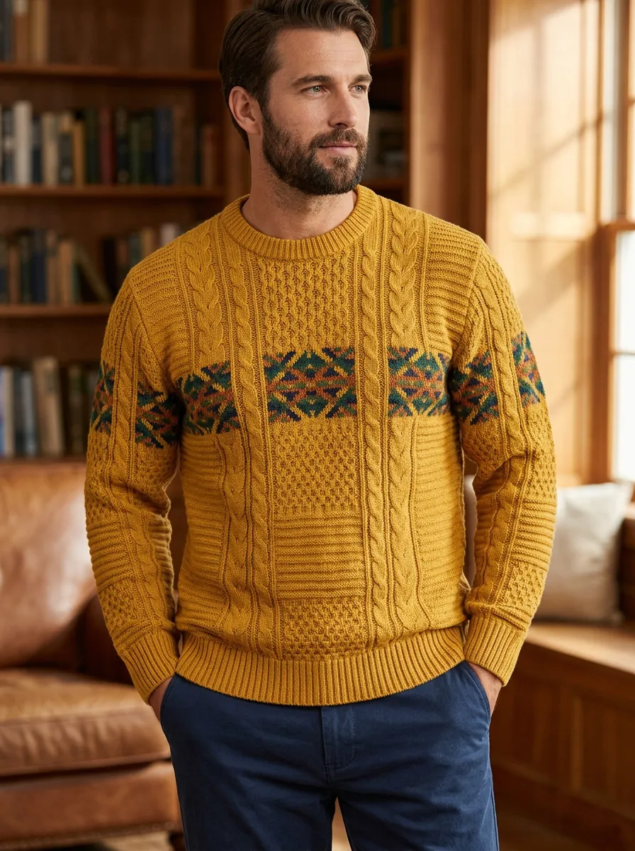 Men's Mustard Cable-Knit Sweater