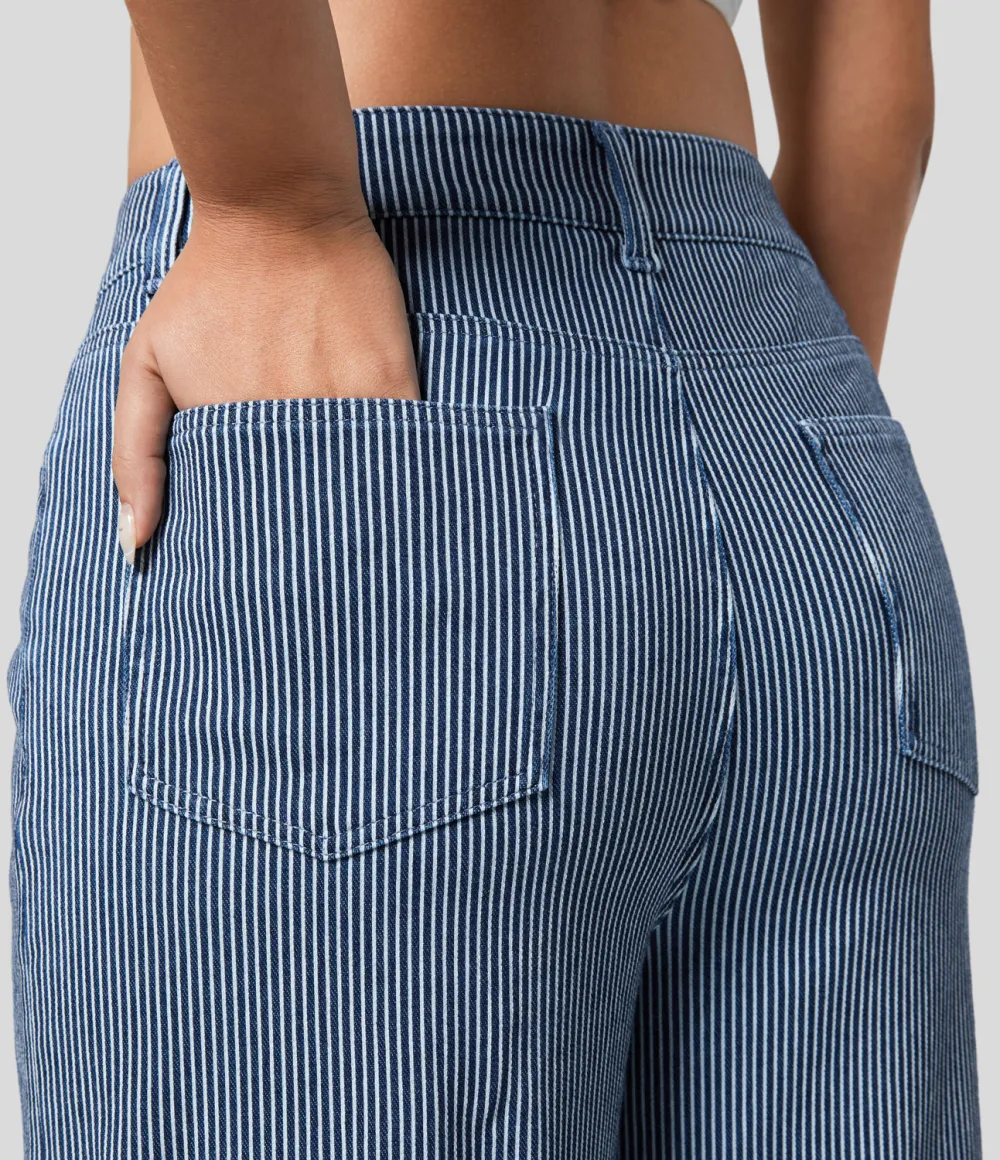 Magic Mid Rise Multiple Pockets Rolled Hem Striped Washed Stretchy Knit Casual Wide Leg Jeans