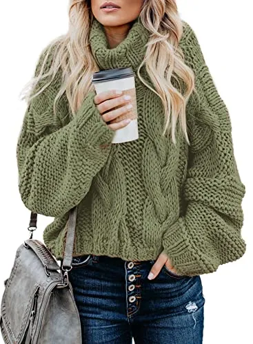 Womens Turtle Cowl Neck Solid Color Soft Comfy Cable Knit Pullover Sweaters S-2XL
