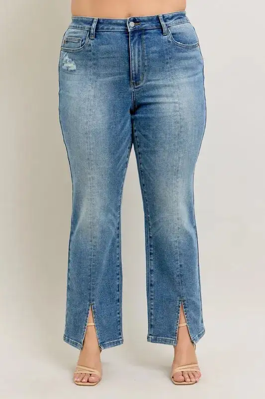 High-Waist Distressed Vintage-Wash Front-Seam Straight Leg Jeans