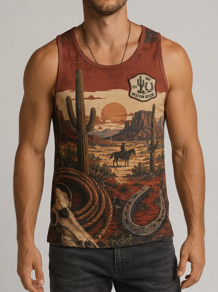 Men's Western Desert Cowboy Cactus Printed Tank Top
