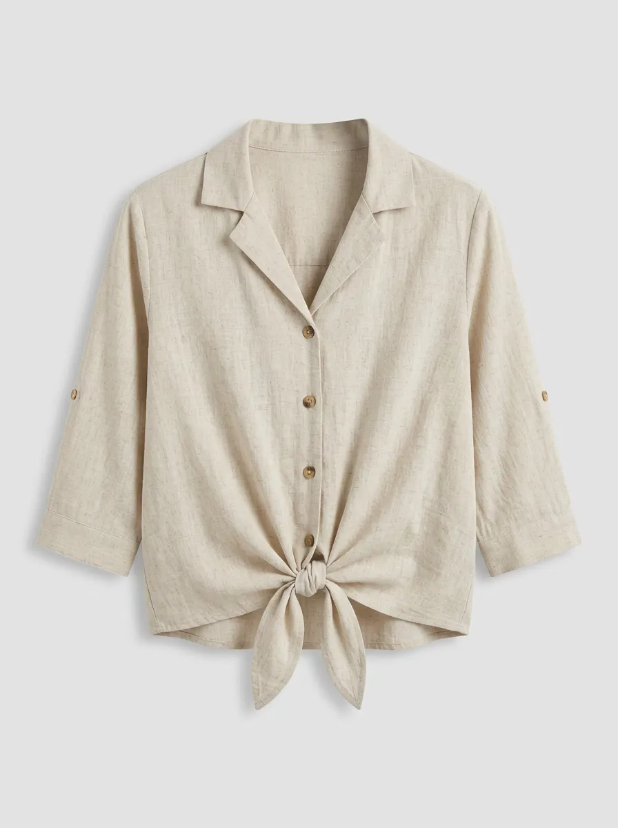 Women's Casual Linen Blend Tie-Front Button Down Shirt