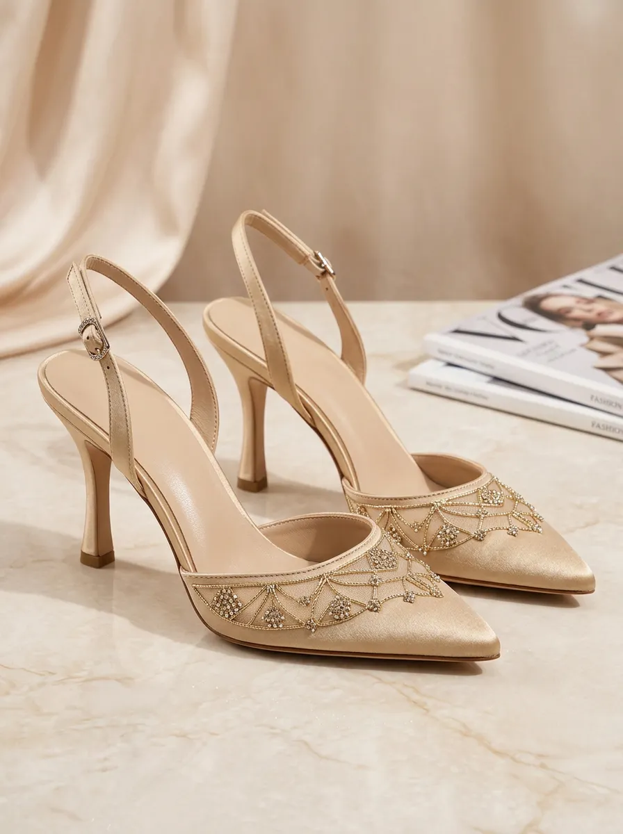 Rhinestone Embroidered Buckle-Strap Geometric Women's Formal High Heels