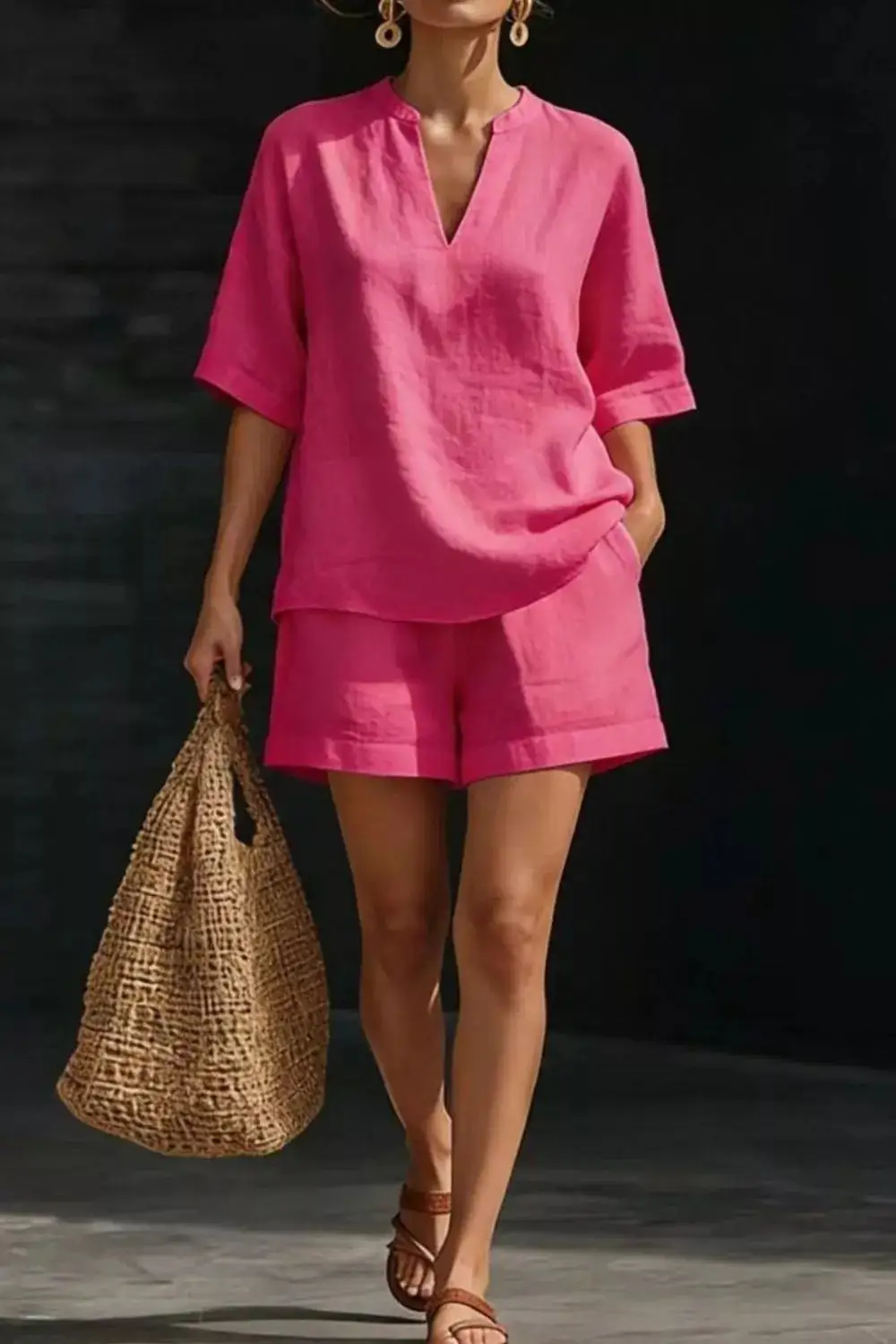 Relaxed Notched Half Sleeve Top and Shorts Set