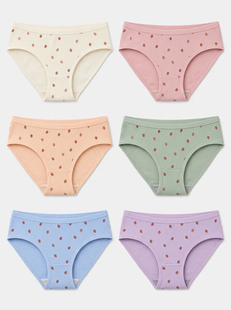 Women's Cute Strawberry Pattern Ribbed Printed Panties 6-Pack
