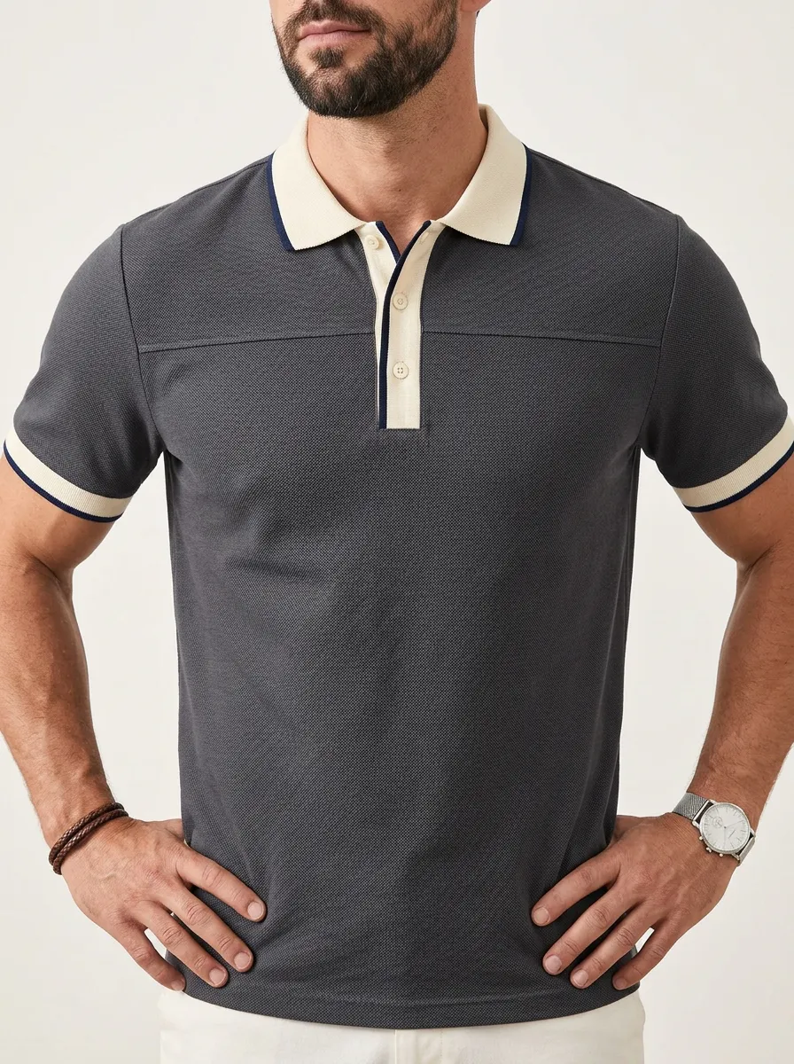 Men's Casual Contrast Collar Trim Textured Polo Shirt