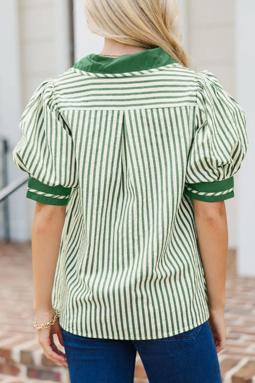 Green Stripe Collared Split Neck Short Bubble Sleeve Blouse