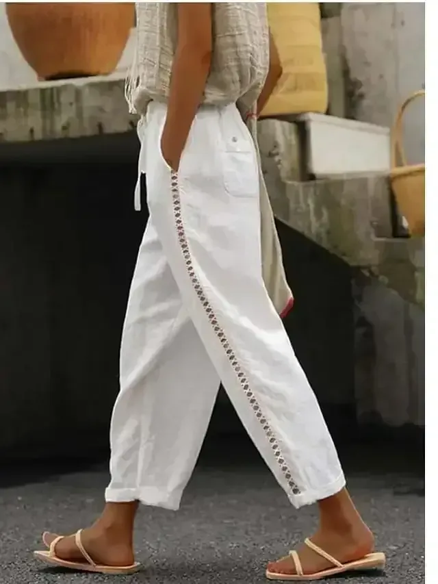 Women's Pants Trousers Faux Linen Dark Grey Camel White Fashion Casual Daily Side Pockets Ankle-Length Comfort Plain S M L XL 2XL
