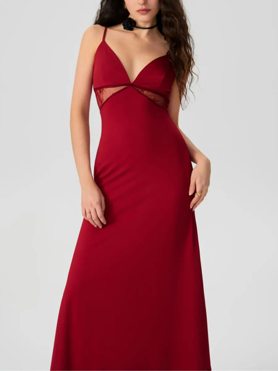 Lace Hem Satin V-Neck Midi Dress