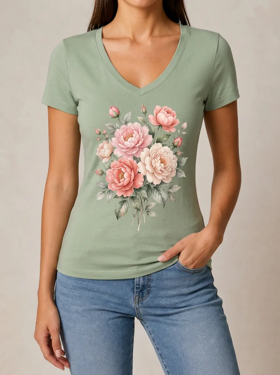 Women's Botanical Garden Lover Peony Flower Printed V-neck T-shirt