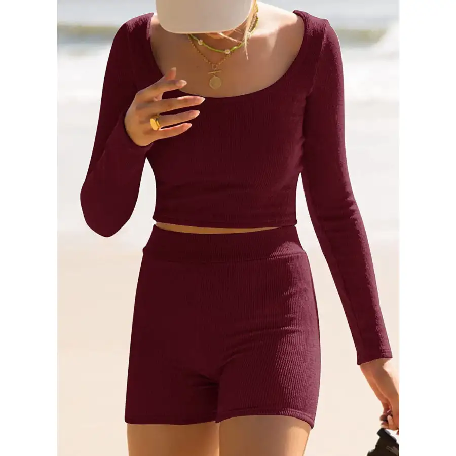 Scoop Neck Long Sleeve Top and Shorts Set