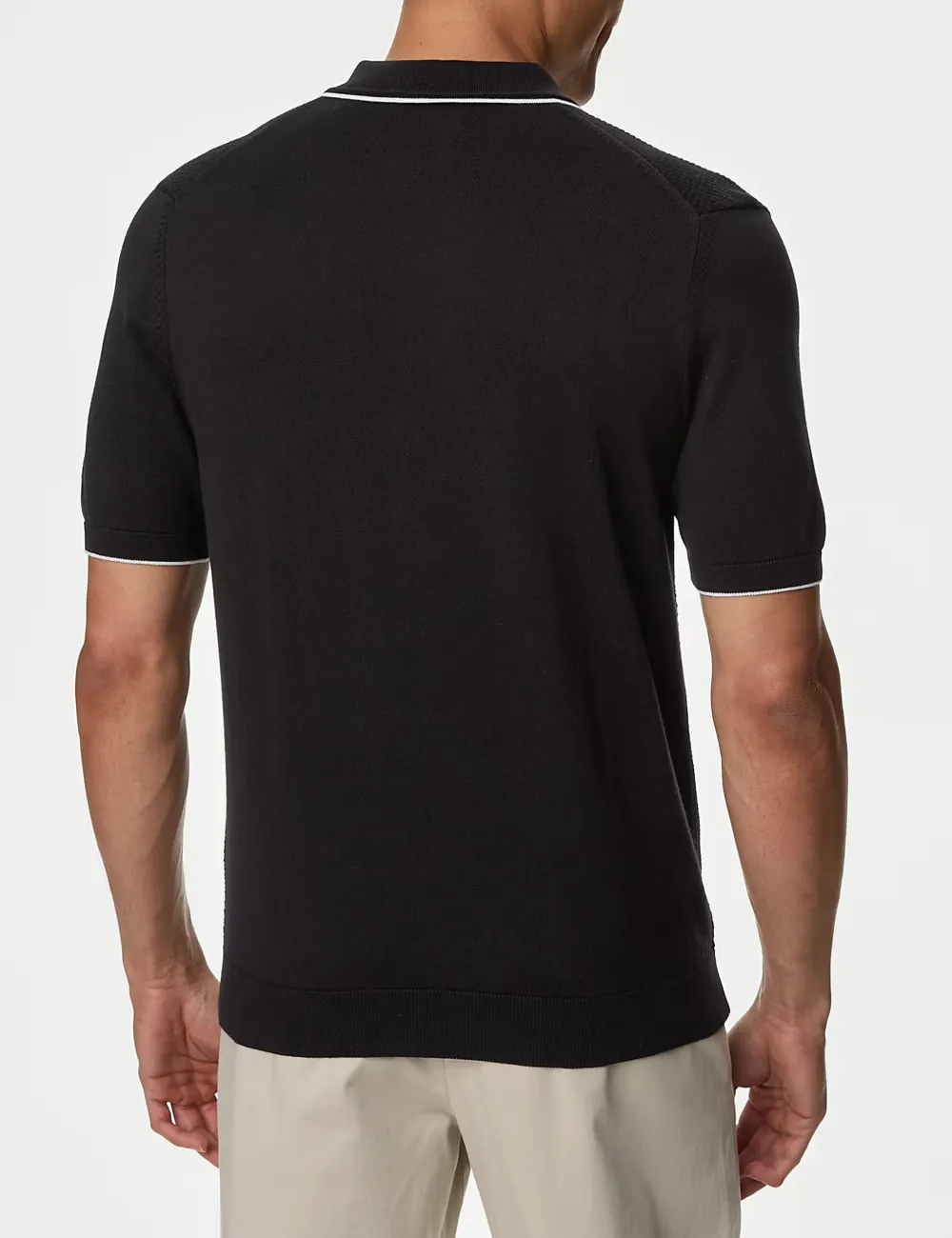 Men's Black Textured Knitted Polo Shirt
