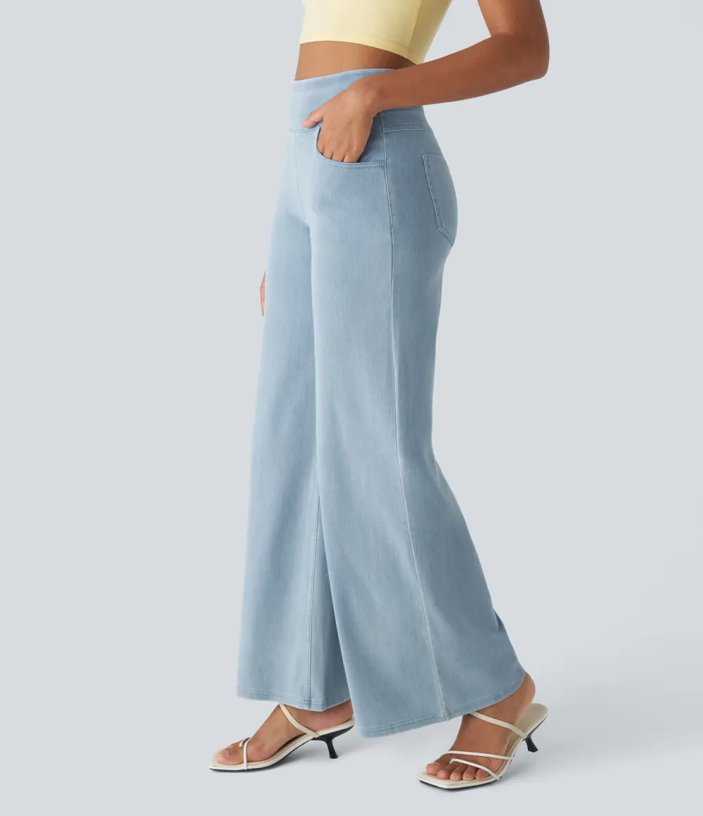 Magic High Waisted Multiple Pockets Wide Leg Loose Stretchy Knit Work Jeans