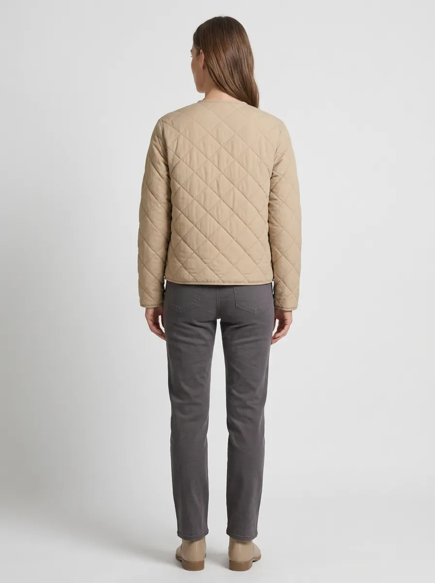 Women's Beige Crewneck Diamond-Quilted Square-Pocket Jacket