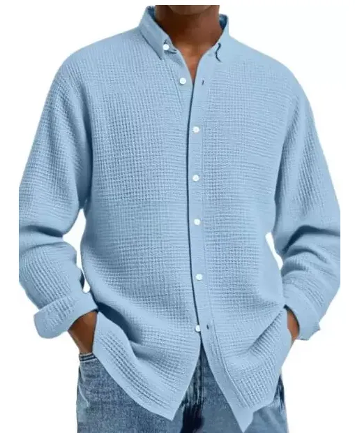 Men's Solid Color Waffle Knit Fashion Casual Long Sleeve Shirt Cardigan