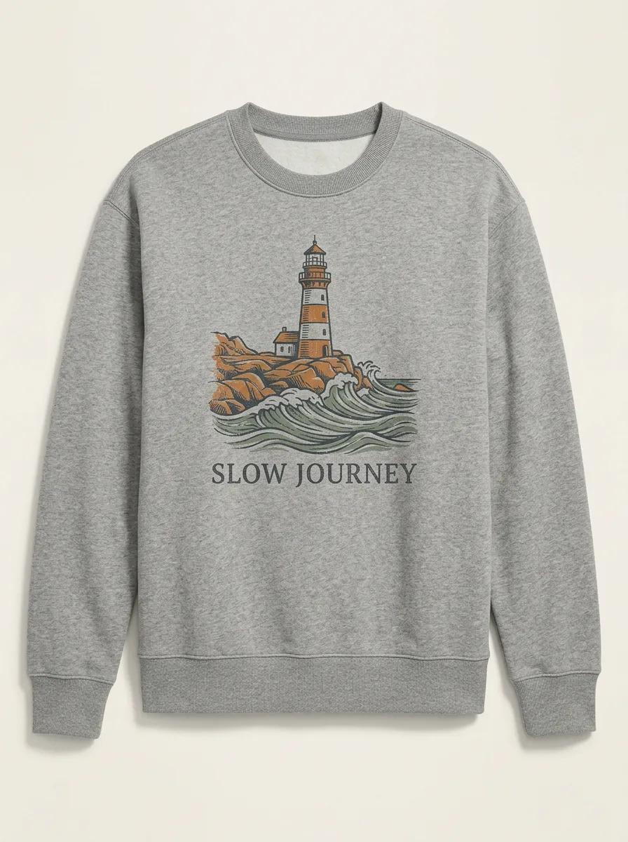 Unisex Slow Journey Lighthouse Ocean Waves Printed Sweatshirt