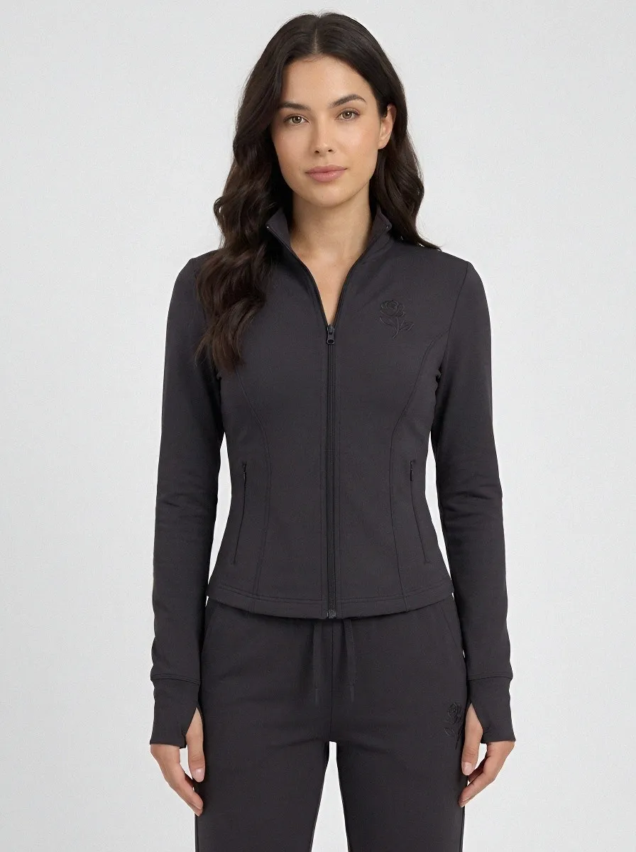 Women's Floral Rose Embroidered Teal Zip-up Tracksuit Set