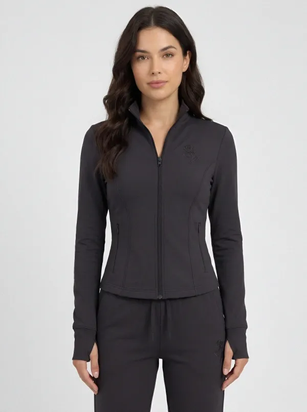 Women's Floral Rose Embroidered Teal Zip-up Tracksuit Set