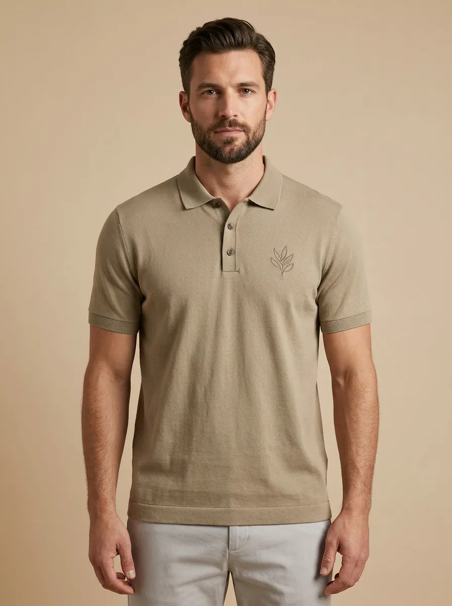 Patterned Leaf-Pattern Embroidered Men's Polo Shirt