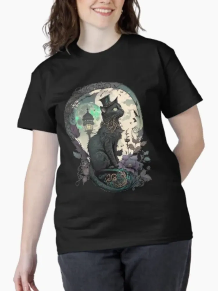 Lady Cat Scene Print Short-Sleeved Round-neck T-Shirt