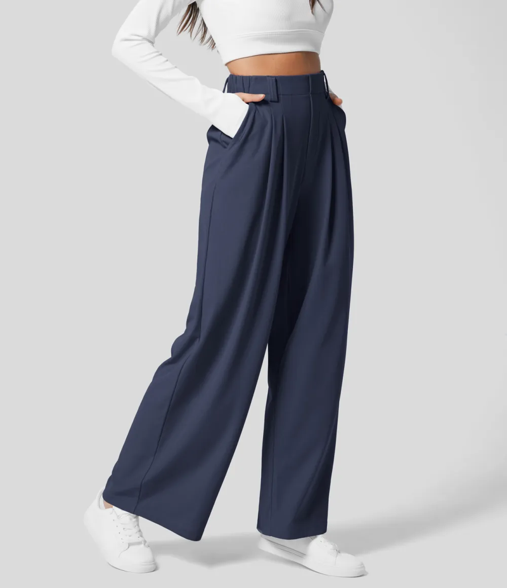 2026🔥  High Waisted Plicated Side Pocket Wide Leg Waffle Work Pants