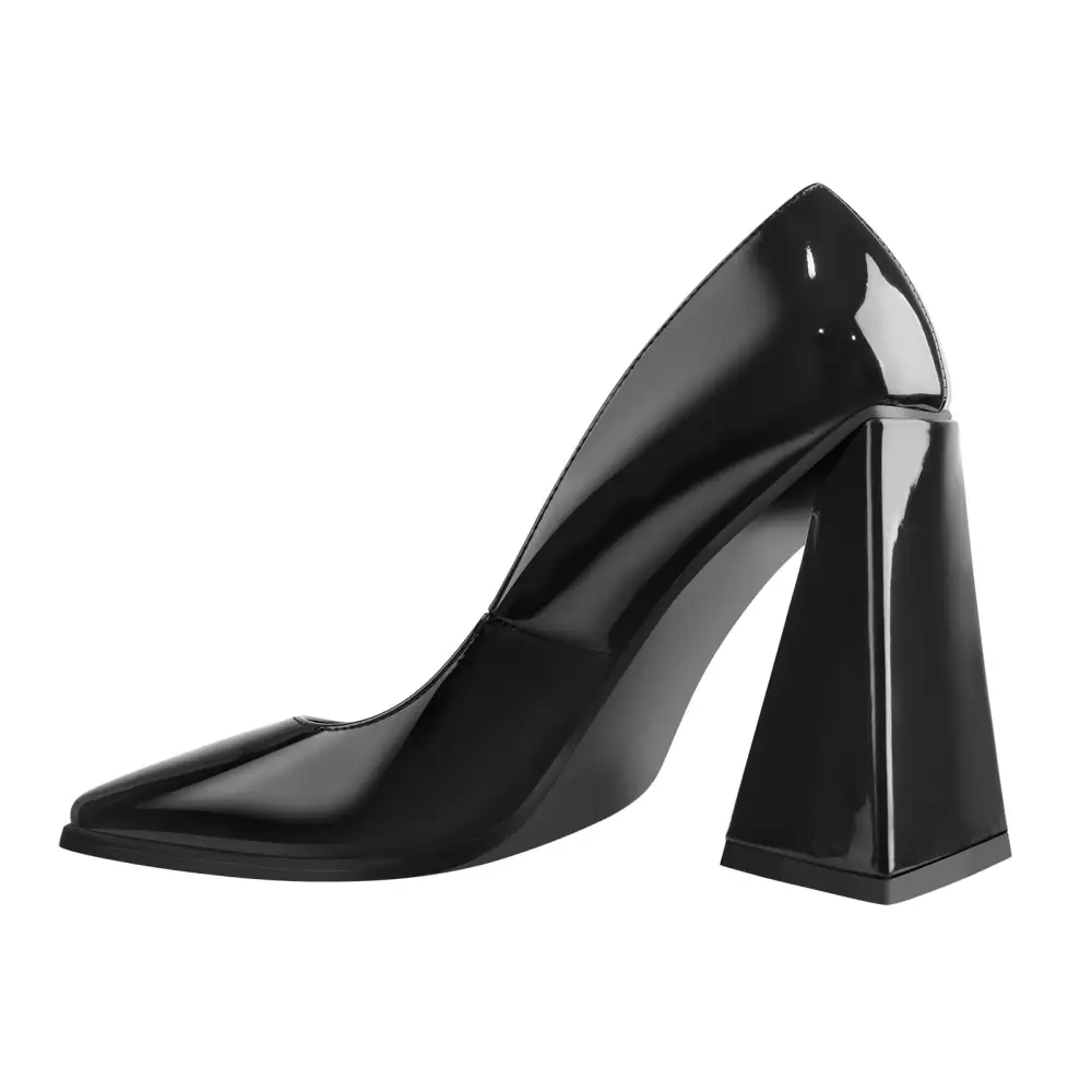Patent Finish Pointed Toe Chunky Heel Pumps